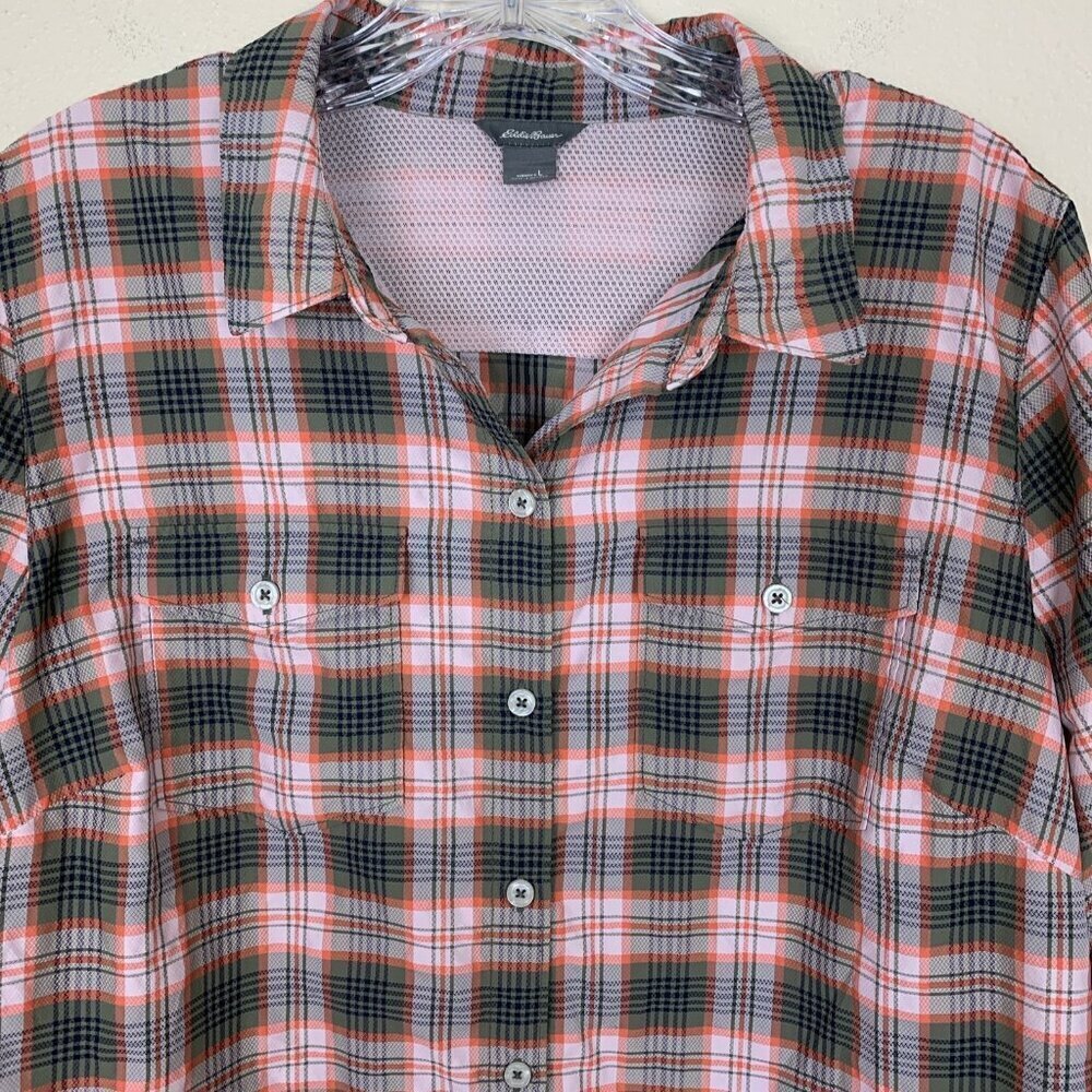 Eddie Bauer Womens L Long Sleeve Shirt Plaid Green Hiking Lightweight Travel - Picture 4 of 15